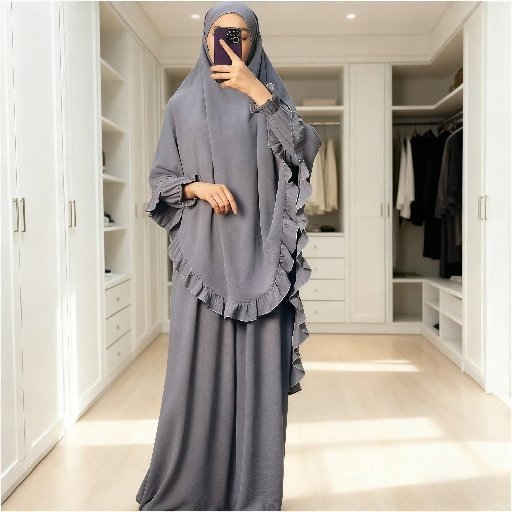 Ensemble de prière femme 2 pièces – Abaya longue avec khimar, jilbab et hijab pour Ramadan et Eid